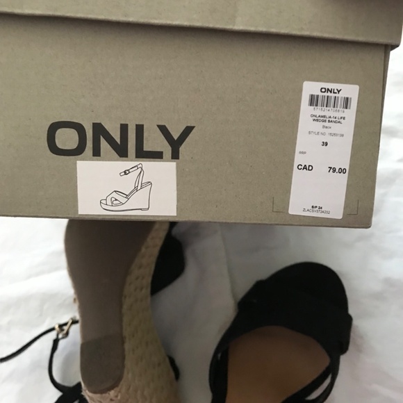 ONLY Wedge Sandals 39/Size 8 Black Cream Brown Ankle Strap - Picture 7 of 10